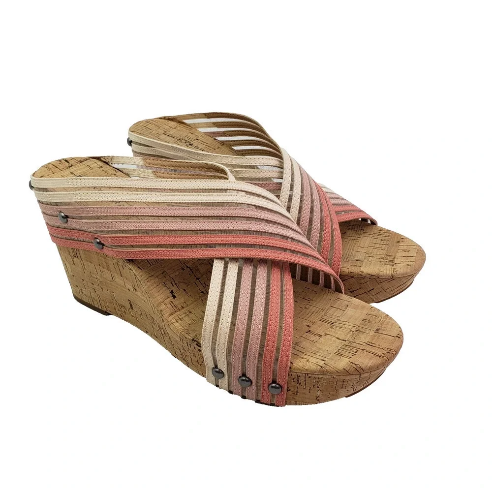Lucky Brand Mykayla Womens Size 9.5 Pink White Cork Slide Wedge Sandals
